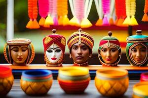 colorful pots with women's faces on them. AI-Generated photo