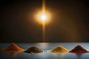 a group of spices on a table with a light shining in the background. AI-Generated photo