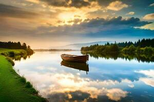 un barco es flotante en el agua a puesta de sol. generado por ai foto