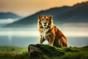 a lion sitting on a rock overlooking a lake. AI-Generated photo