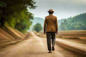 a man in a suit and hat walking down a dirt road. AI-Generated photo