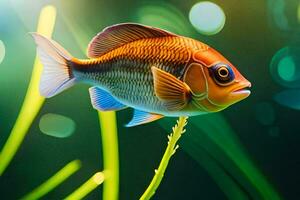 a fish is sitting on a plant in the water. AI-Generated photo