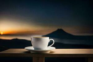 a cup of coffee on a table in front of a mountain. AI-Generated photo