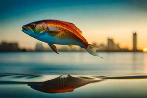 un pescado saltando fuera de el agua con un ciudad en el antecedentes. generado por ai foto