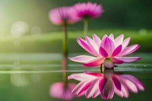 pink lotus flower in the water with green grass. AI-Generated photo