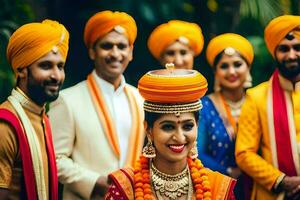 a bride and groom in traditional indian attire. AI-Generated photo