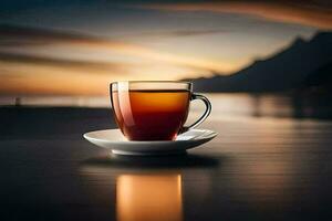 a cup of tea sits on a table in front of a sunset. AI-Generated photo