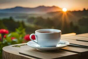 a cup of tea on a wooden table in the morning. AI-Generated photo