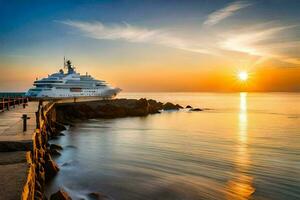 a yacht docked at the end of a pier at sunset. AI-Generated photo