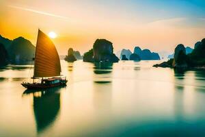 a boat sails in the water at sunset. AI-Generated photo