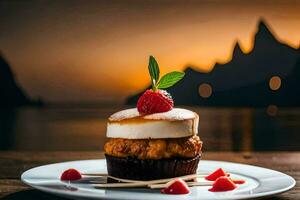 a dessert on a plate with a view of the sunset. AI-Generated photo