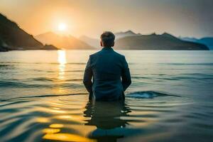 a man in a suit is standing in the water at sunset. AI-Generated photo