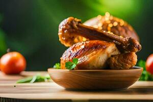 chicken in a wooden bowl on a table. AI-Generated photo