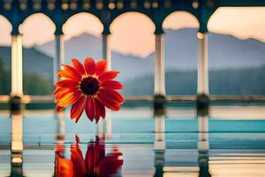 a flower is reflected in the water near a bridge. AI-Generated photo