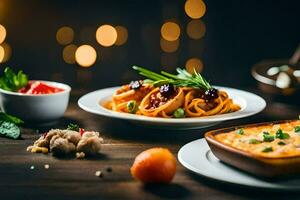 a table with food and drinks on it. AI-Generated photo
