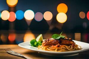 a plate of food with noodles and sauce on a table. AI-Generated photo