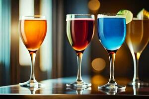 four different colored drinks in glasses on a table. AI-Generated photo