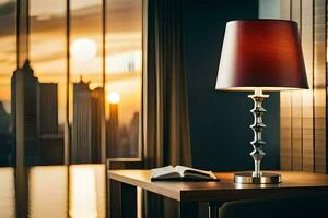 a lamp is sitting on a table in front of a window. AI-Generated photo