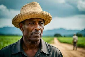 un hombre en un Paja sombrero soportes en un campo. generado por ai foto