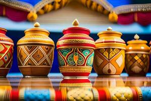 colorful pots lined up on a table. AI-Generated photo