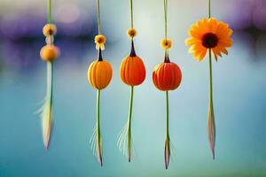 four flowers hanging from strings with a blue sky in the background. AI-Generated photo