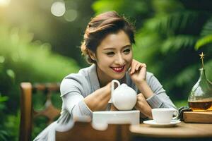 un mujer es sonriente mientras sentado a un mesa con un taza de té. generado por ai foto