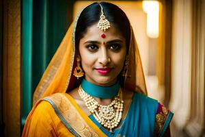 beautiful indian bride in traditional sari. AI-Generated photo