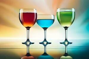 three glasses of colored liquid are shown in front of a colorful background. AI-Generated photo