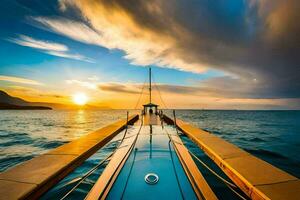a boat is docked at the end of a dock at sunset. AI-Generated photo