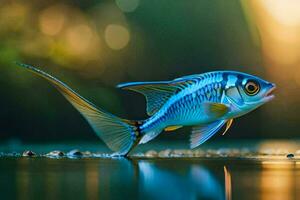 a blue fish with a yellow tail is swimming in the water. AI-Generated photo