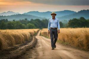 a man in a hat walks down a dirt road. AI-Generated photo
