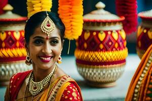 a beautiful indian bride smiling in front of colorful pots. AI-Generated photo