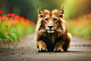 a lion sitting on the road in front of flowers. AI-Generated photo