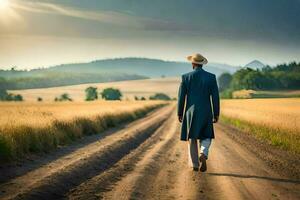 un hombre en un sombrero y Saco camina abajo un suciedad la carretera. generado por ai foto