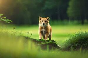 a puppy is standing on a rock in a grassy field. AI-Generated photo