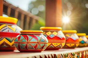 colorful pots on a wooden table with the sun shining. AI-Generated photo