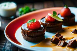 a plate with chocolate cupcakes, strawberries and cream. AI-Generated photo