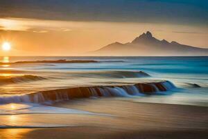 the sun sets over a mountain and waves crashing into the shore. AI-Generated photo