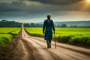 a man walking down a dirt road in a field. AI-Generated photo