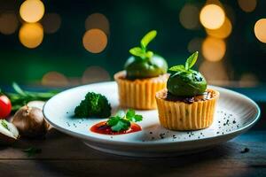 two small cupcakes on a plate with vegetables. AI-Generated photo