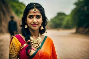a beautiful indian woman in an orange sari. AI-Generated photo