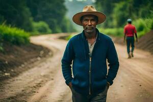 a man in a hat and jacket walking down a dirt road. AI-Generated photo