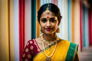 a beautiful indian woman in a colorful sari. AI-Generated photo