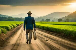 man walking on the road with hat. AI-Generated photo