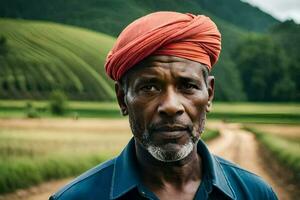 un hombre vistiendo un turbante soportes en un campo. generado por ai foto