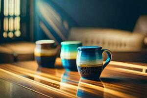 three coffee mugs on a wooden table. AI-Generated photo