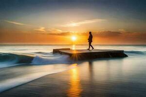 un hombre en pie en un muelle a puesta de sol. generado por ai foto