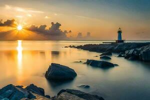 a lighthouse stands on the shore of a body of water at sunset. AI-Generated photo