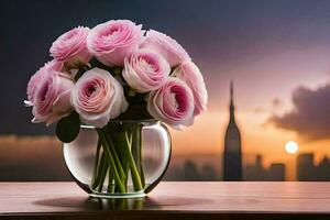 pink roses in a vase on a table with a city in the background. AI-Generated photo