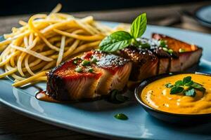 un plato con un pedazo de carne y fideos. generado por ai foto